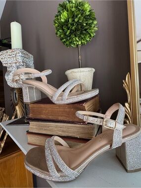 Embellished Block Heel Sandals - Champagne Gold